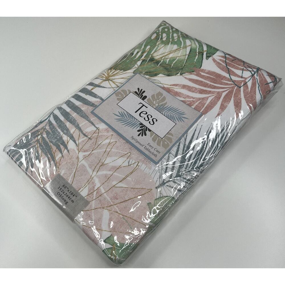 NWT Tess Oblong Spill Proof Tablecloth 60”x104” Green Pink Palm